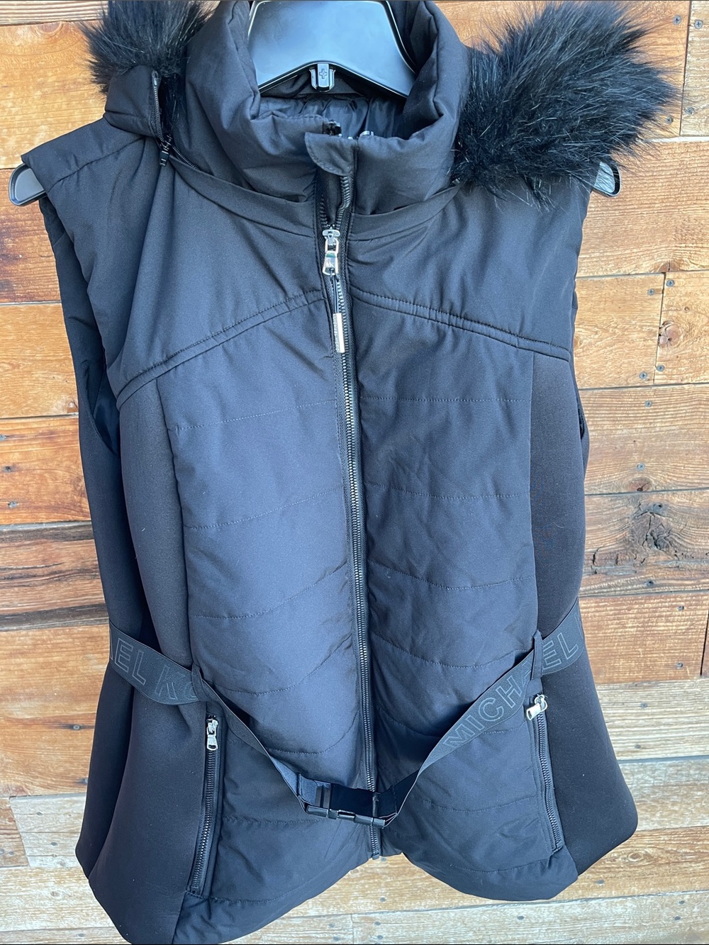 Michael Michael Kors Black Hooded Puffer Vest Faux Fur Belted Zip Front XL